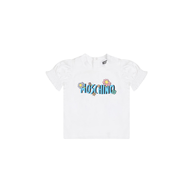 Moschino White T-shirt For Baby Girl With Logo And Flowers