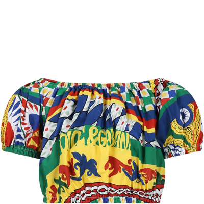 Dolce & Gabbana Kids' Yellow Top For Girl With Cart Print And Logo In Multicolor