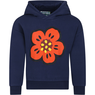 Kenzo Blue Sweatshirt For Kids With Flower And Logo In A Marine