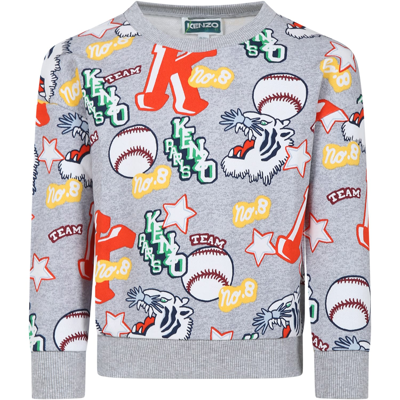 Kenzo Kids' Grey Sweatshirt For Boy With Tiger And Logo In Grigio Melange