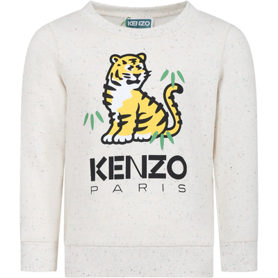 Kenzo Ivory Sweatshirt For Kids With Tiger And Logo In C Wicker