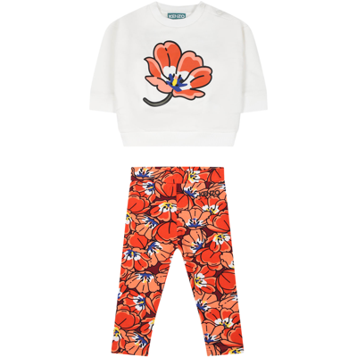 Kenzo White Suit For Baby Girl With Poppies In Multicolor