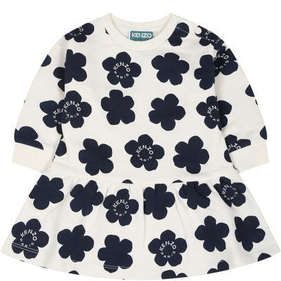 Kenzo Babies' Floral-print Long-sleeved Dress In Ivory