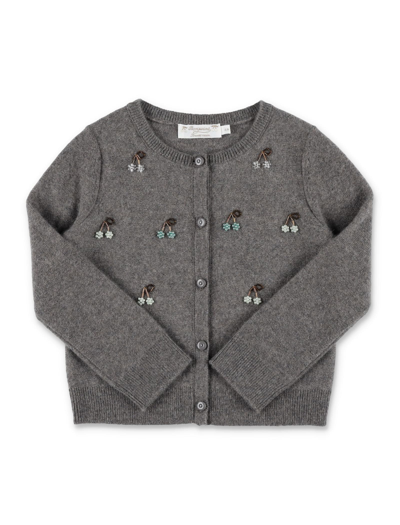 Bonpoint Kids' Grey Cardigan For Girl With Cherries In Marron