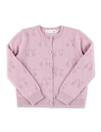 Bonpoint Kids' Perforated-cherry Embellished Cashmere Cardigan In Pivoine