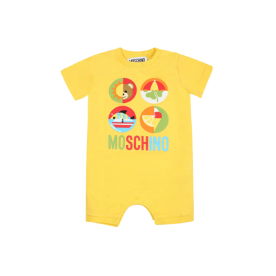 Moschino Yellow Romper For Baby Boy With Logo And Print