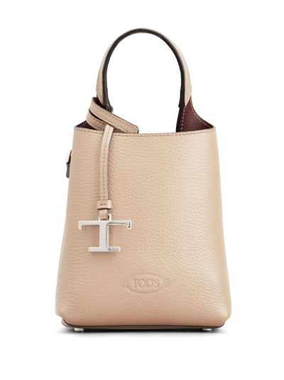 Tod's Mini Logo-pendant Leather Bag In Beige