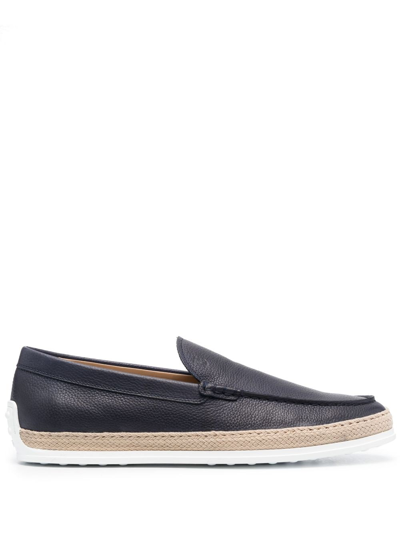 Tod's Raffia-trimmed Leather Loafers In Blue