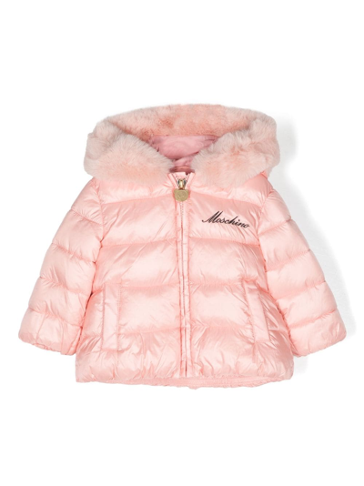 Moschino Babies' Logo-embroidered Quilted Hooded Jacket In Pink