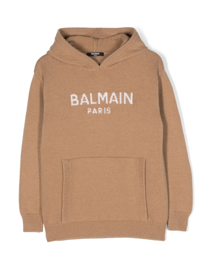 Balmain Kids' Intarsia-knitted Logo Hoodie In Brown