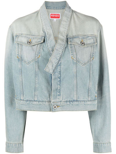 Kenzo Faded-effect Cropped Denim Jacket In Blue