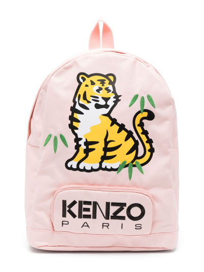 Kenzo Kids' Tiger-motif Logo-print Backpack In Pink