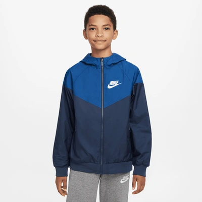 Nike Sportswear Windrunner Big Kids' (boys') Loose Hip-length Hooded Jacket In Midnight Navy/white
