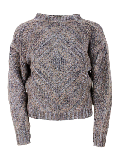 Fabiana Filippi Crewneck Sweater In Soft And Precious Wool Blend With Melange Workmanship Embellished With Bright Lu In Brown
