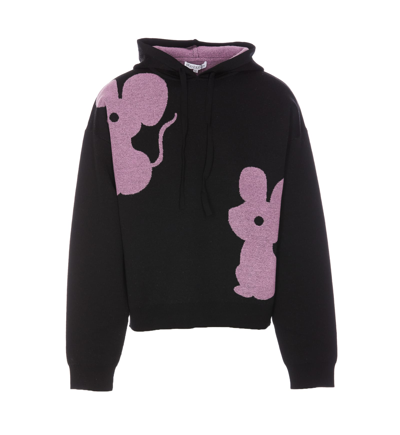 Jw Anderson Mouse-print Knitted Hoodie In Black