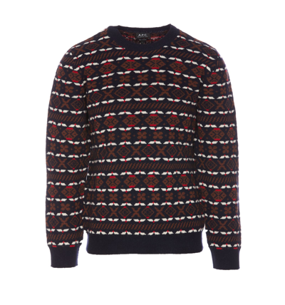 Apc John Multicolor Crewneck Sweater With Intarsia Knit In Wool Man In Blue