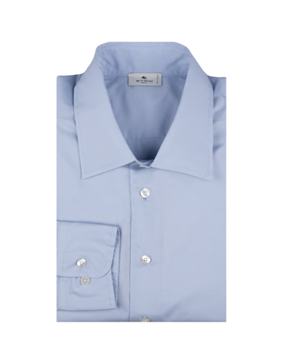 Etro Light Blue Shirt With Embroidered Logo And Printed Undercollar