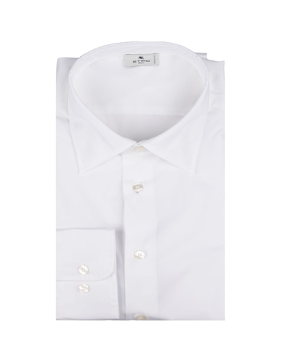 Etro White Shirt With Embroidered Logo And Printed Undercollar In Bianco