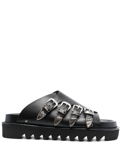 Toga Western-buckle Leather Slides In Black