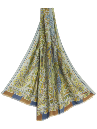 Etro 佩斯理印花磨损边饰围巾 In Light Blue