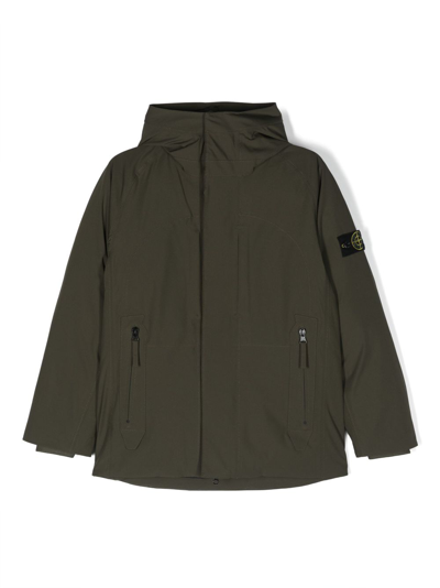 Stone Island Kids' Compass-motif Feather-down Coat In Green