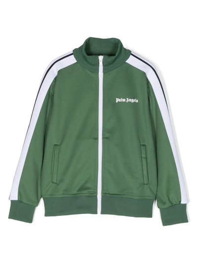 Palm Angels Kids' Logo-print Zip-up Track Jacket In Green White