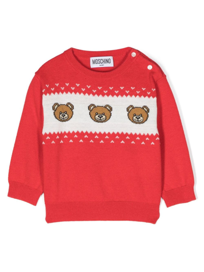 Moschino Babies' Bear-print Intarsia-knit Jumper In Red