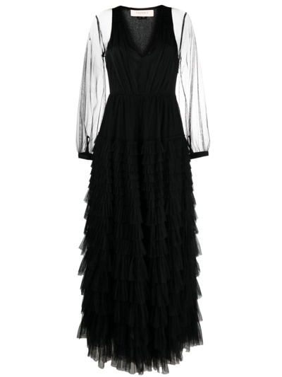 Twinset Semi-sheer Sleeves Tiered Gown In Black
