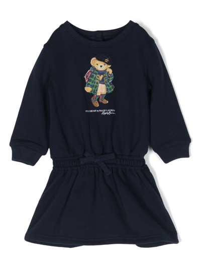 Ralph Lauren Babies' Polo Bear 印花平纹针织连衣裙 In Blue