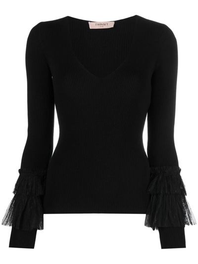 Twinset Tulle-insert Knitted Jumper In Black