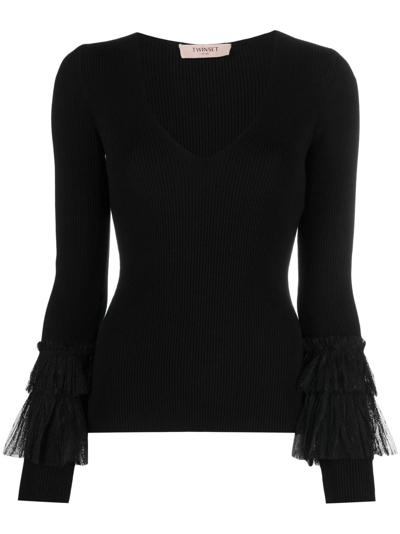 Twinset Tulle-insert Knitted Jumper In Schwarz