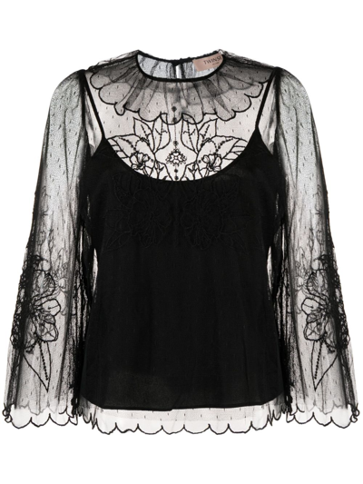 Twinset Layered Lace Long-sleeved Blouse In Black