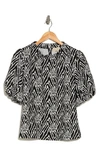 Melloday Mock Neck Puff Sleeve Top In Wht Blk Abst