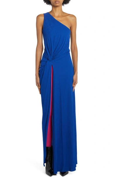 Tom Ford One-shoulder Ruched Crepe Gown With Slit In Cobalt Blue
