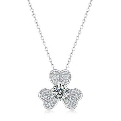 Stella Valentino Sterling Silver With 1ctw Lab Created Moissanite French Pave Blooming Flower Solitaire Pendant Neckl