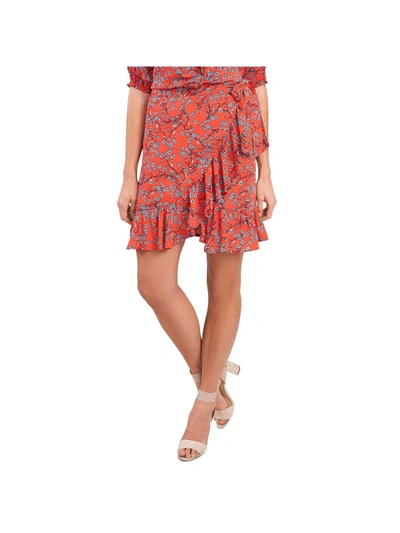 Cece Womens Floral Print Ruffled-hem Wrap Skirt In Red