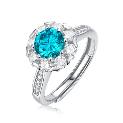Stella Valentino Sterling Silver With 1.8ctw Blue Topaz & Lab Created Moissanite Halo Cluster Adjustable Engagement A