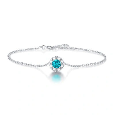 Stella Valentino Sterling Silver White Gold Plated With 0.50ctw Lab Created Moissanite & Blue Topaz Round Halo Adjust