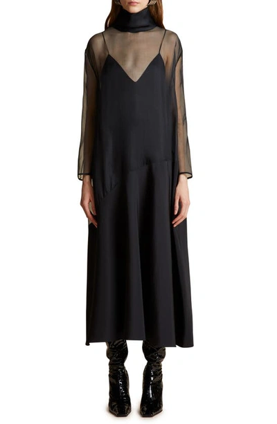 Khaite Bellamy Paneled Long-sleeve Sheer Silk Maxi Dress In Black