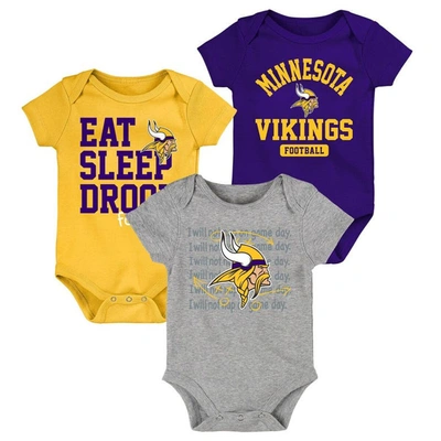 Outerstuff Babies' Newborn And Infant Boys And Girls Purple, Gold Minnesota Vikings Eat Sleep Drool Football Three-piec In Purple,gold