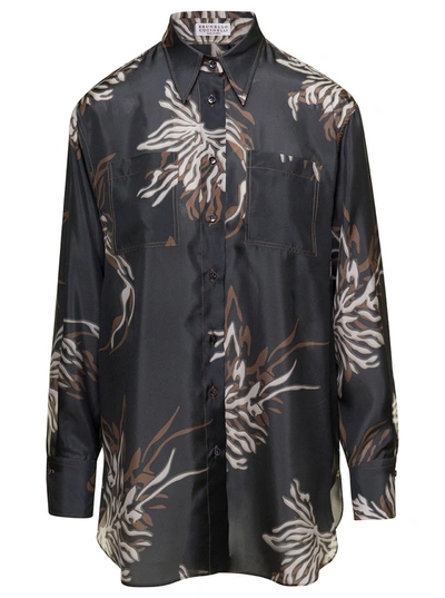 Brunello Cucinelli Floral-print Silk Shirt In Grey