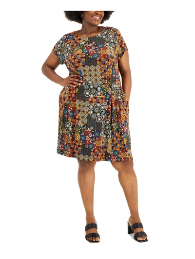 Connected Apparel Plus Womens Printed Pockets Fit & Flare Dress In Multi