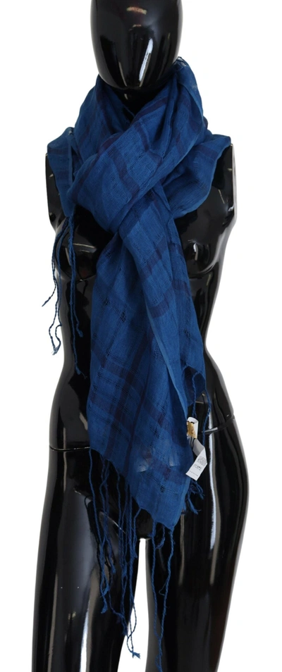 COSTUME NATIONAL COSTUME NATIONAL CHIC LINEN FRINGED SCARF IN BLUE WOMEN'S CHECKERED