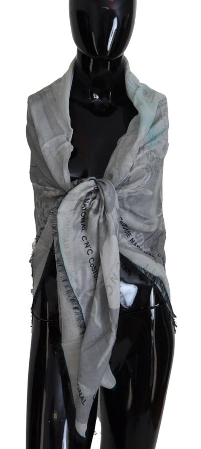 Costume National Grey Print Shawl Foulard Fringes Scarf