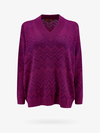 Missoni Zigzag-print V-neck Knit Sweater In Purple