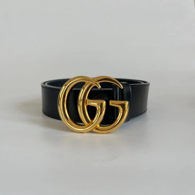 Pre-owned Gucci Black Leather Gg Marmont Buckle Belt 80cm