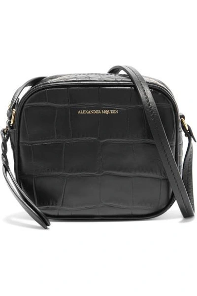 Alexander Mcqueen Croc Effect Leather Crossbody Bag In Black