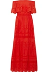 ALICE AND OLIVIA PANSY OFF-THE-SHOULDER EMBROIDERED COTTON MAXI DRESS