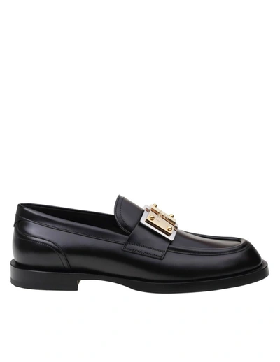 Dolce & Gabbana Leather Moccasin With Logo Plate In Black