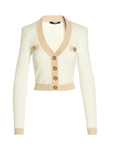 Balmain Strong-shoulder Metallic-edge Pointelle Knit Crop Cardigan In White,gold
